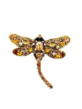 Yellow Crystal Dragonfly Brooch Gold Tone